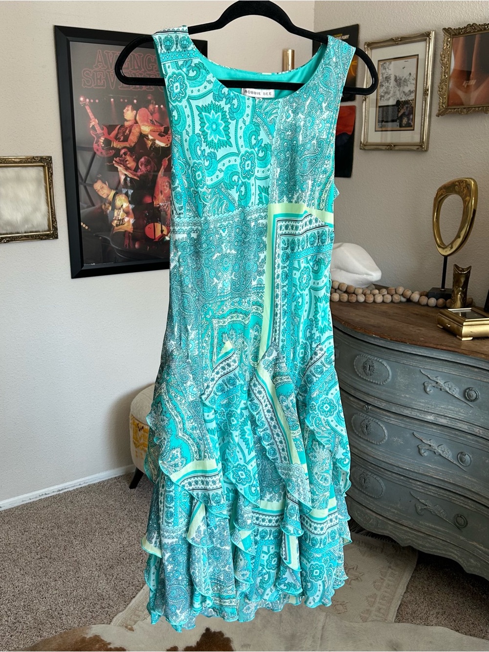 Vintage Y2K 90s Paisley Fairy Midi Dress Ruffle Chiffon Boho Homecoming Size 10